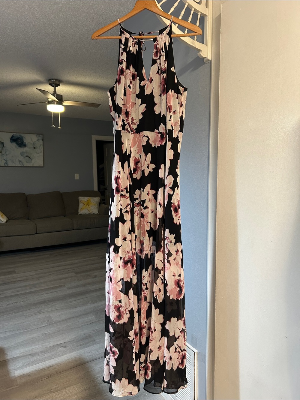 White House Black Market Women’s Size 12 Black Maxi Dress with Pink Floral Print
